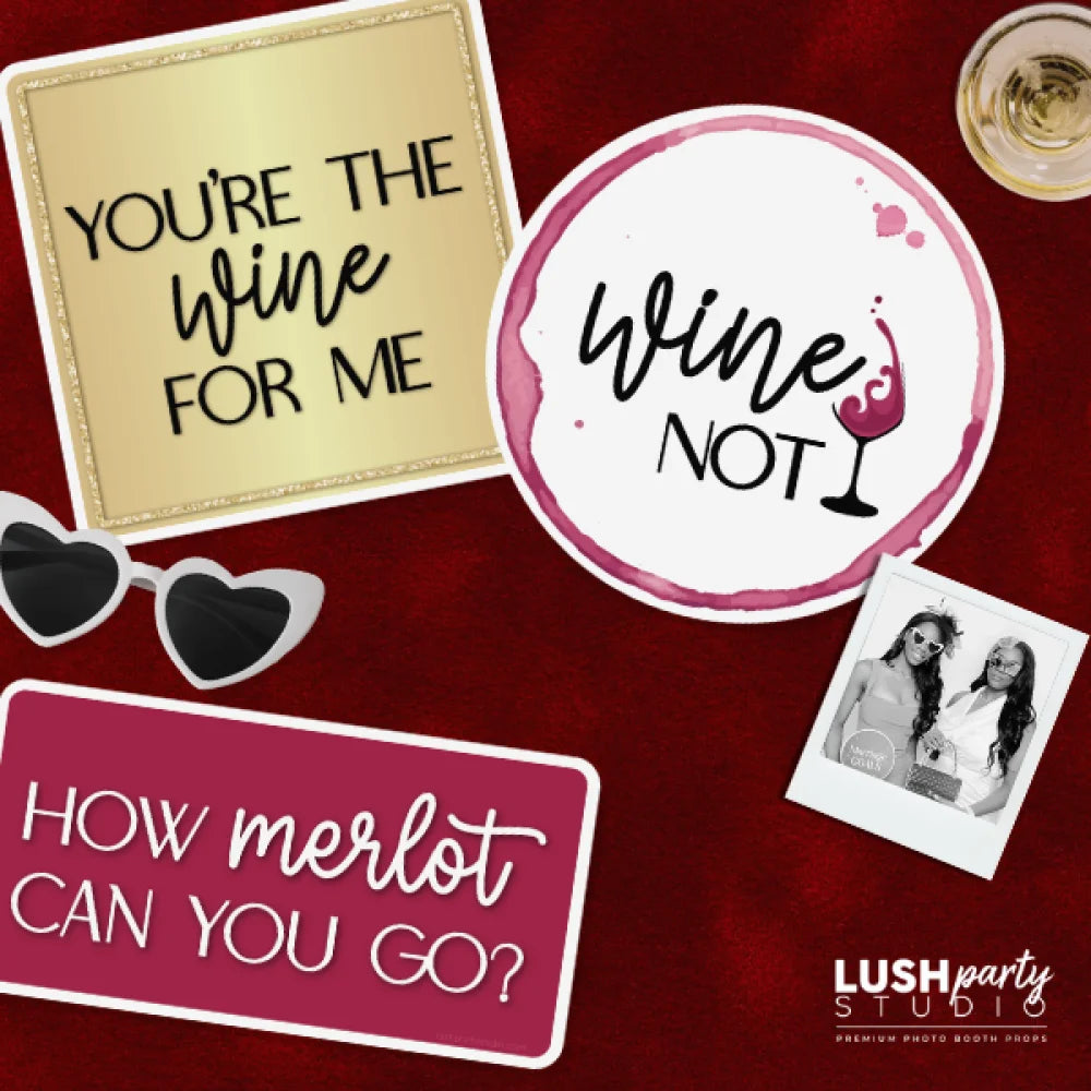 Wine-themed photobooth props and sunglasses on a red background with 'Lush Party Studio' branding.