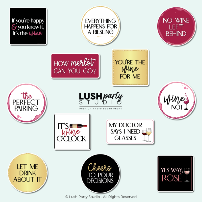 set of winephoto props for wine tastings, corporate events and celebrations by lush party studio